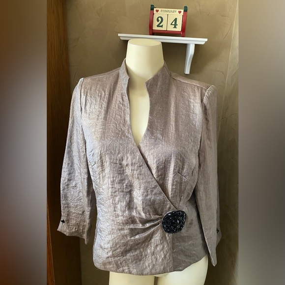 J.R. Nites by Carol Lin Womens Brown Metallic 3/4 Sleeves Mock-Neck Evening Top - Picture 1 of 13